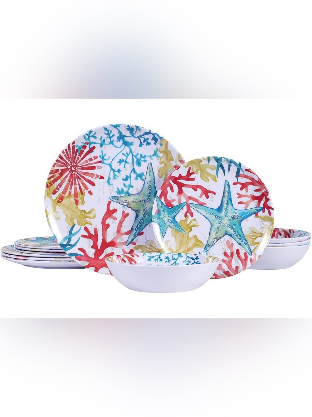 BNIB Coastal Coral Starfish 12-Piece Dinnerware Set - Turquoise & Red